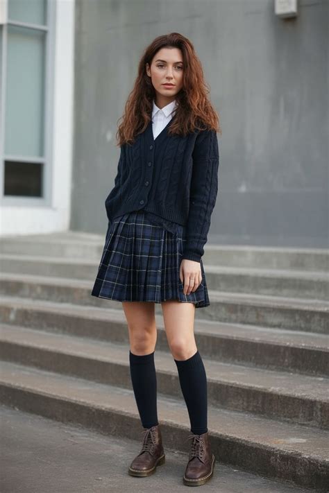navy plaid skirt  cardigan     school outfits