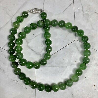 Vintage Chinese Jade Beaded Necklace Silver Clasp Mm Jade Bead