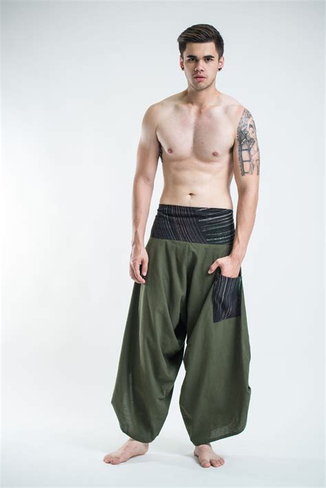 Mens Thai Button Up Cotton Pants With Hill Tribe Trim Olive Harem