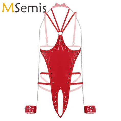 Lencería Porno Wetlook Para Mujer Body De Cuero De Pvc Sexy Halter