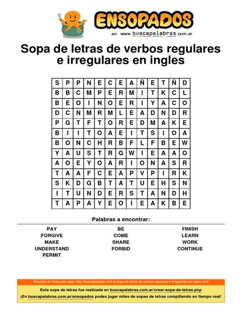 Sopa De Letras De Verbos En Ingles