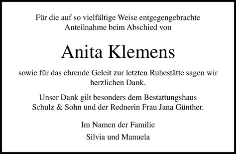 Traueranzeigen Von Anita Klemens Trauer Anzeigen De