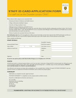 Fillable Online Otago Ac STAFF ID CARD APPLICATION FORM University Of