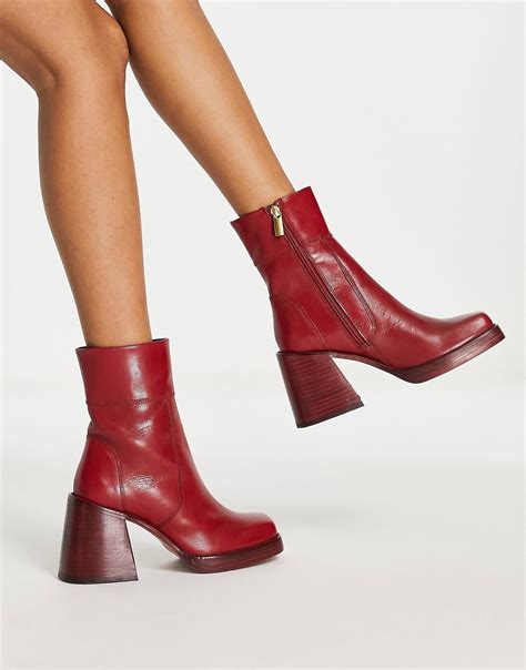 Asos Design Region Leather Mid Heel Boots In Red Asos Red Leather