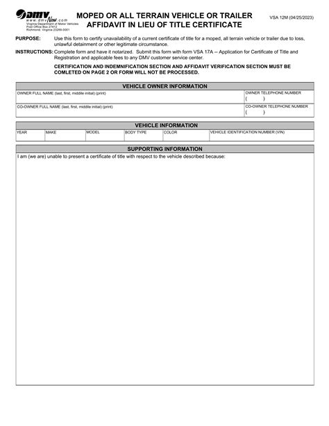 Form Vsa 12m Moped And Atv Affidavit In Lieu Of Title Certificate