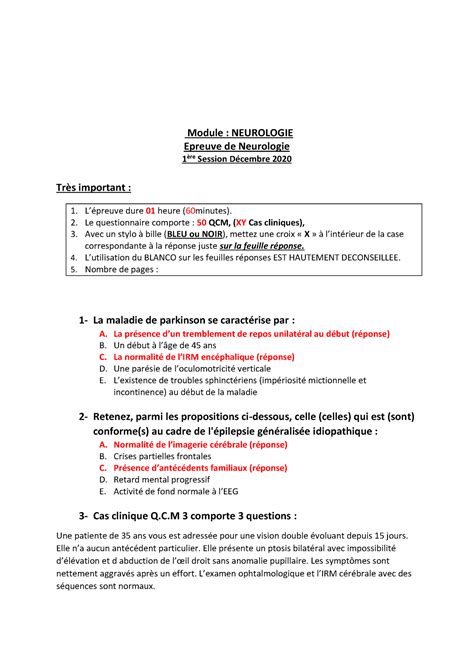 Qcm Examen Blanc Neurologie 4ème Annee Medecine Module Neurologie