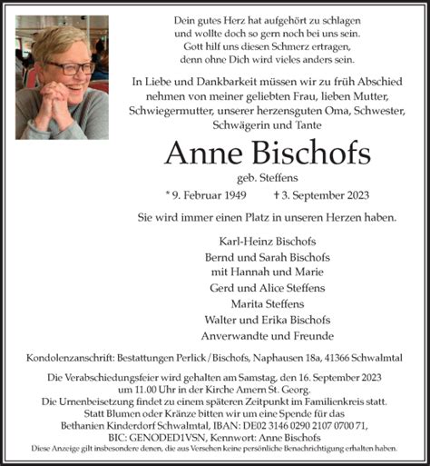 Alle Traueranzeigen F R Anne Bischofs Trauer Rp Online De