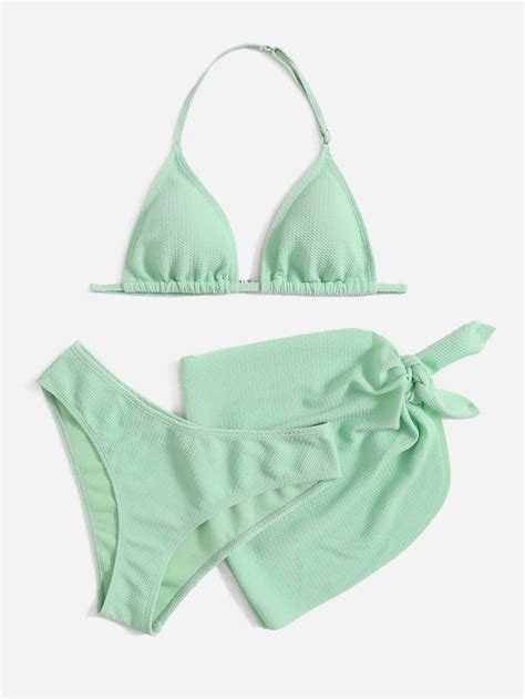 Conjunto de Maiô Bikini Halter Liso e Saia de Natação para Praia de Verão para Meninas