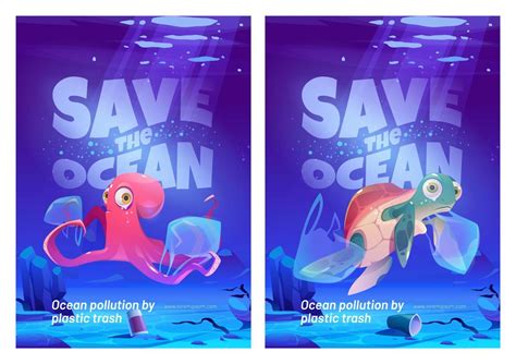 Save Ocean Cartoon Posters With Underwater Animals 14778891 Vector Art