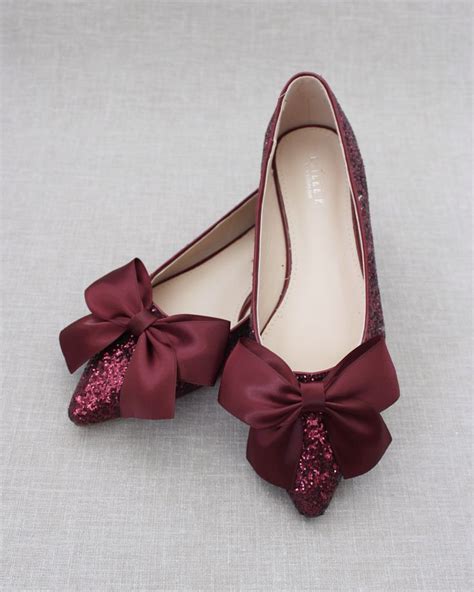 Pointy Toe Glitter Evening Flats With Satin Bow Bridesmaid Shoes