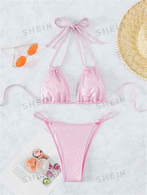 SHEIN Swim SXY Glitter Bikini Set Halter Micro Triangle Bra Ring