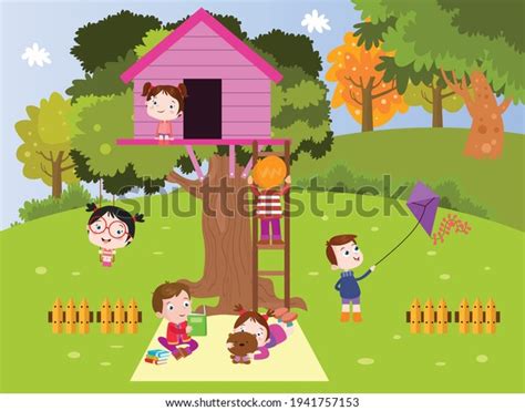 Kids Playing Tree House Cartoon Vector Stock Vector Royalty Free