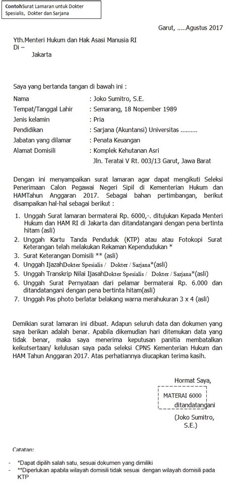 Format Terbaru Contoh Surat Lamaran Cpns Kementerian Hukum Dan Ham