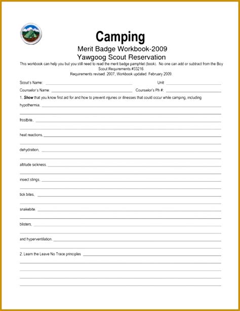 5 Camping Merit Badge Worksheet | FabTemplatez