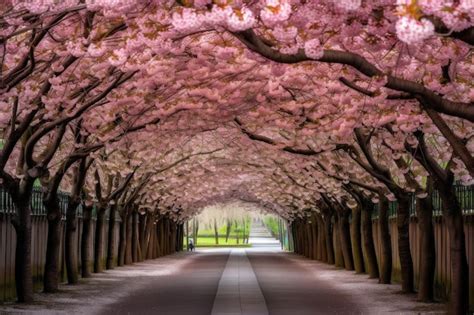 Premium Ai Image A Cherry Blossom Tunnel With Blooming Trees Arching