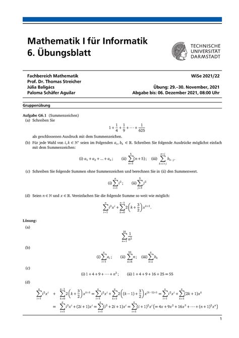 Uebung Gruppenloesung Mathematik I F R Informatik Bungsblatt