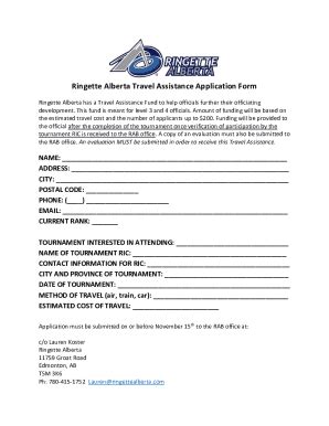 Fillable Online Ringette Alberta Travel Assistance Application Form Fax