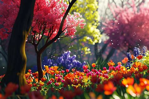 A Diverse Array Of Vibrant Flowers And Budding Trees In A Verdant