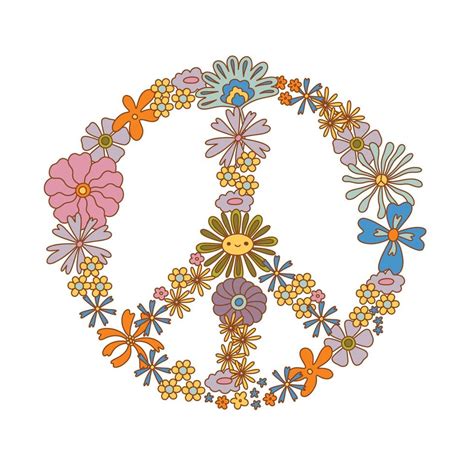 Retro S Hippie Peace Sign Floral Wreath Vector Illustration Isolated