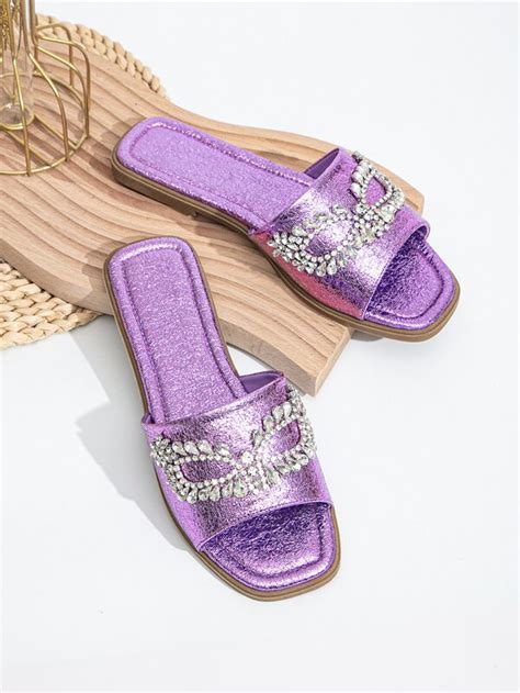 Metallic Rhinestone Decor Slide Sandals Shein Usa