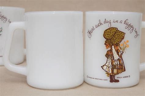 Vintage Federal Glass Coffee Cups 6 Holly Hobbie Mugs Start Each Day