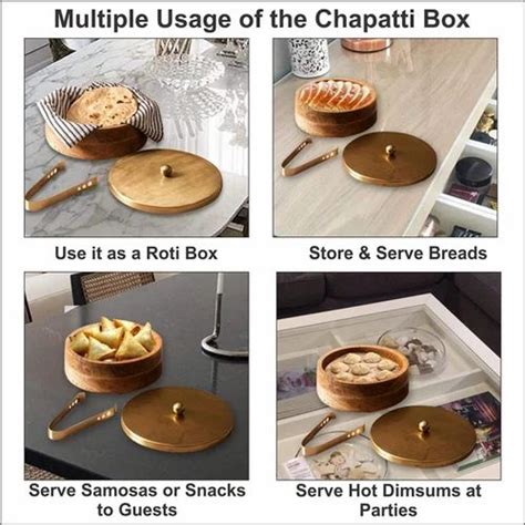 Brown Wooden And Brass Roti Chapati Box For Kitchen Hot Roti Insulated