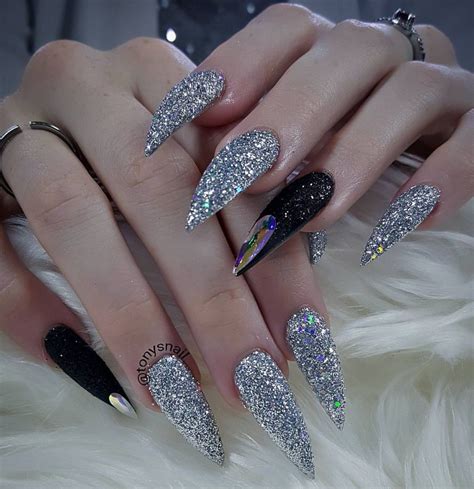 Fierce Custom Long Black And Silver Glitter Stiletto Nails Silver Glitter Nails Coffin Nails