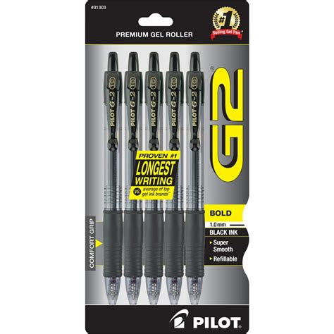 Pilot G2 Retractable Gel Ink Pens Bold Point Black 5 Pk 115599970