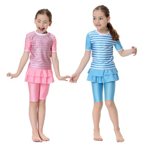 Girls Striped Halter Two Piece Swimsuit Bathing Set Kids Muslim Baby Swimwears Bathing Suit ...