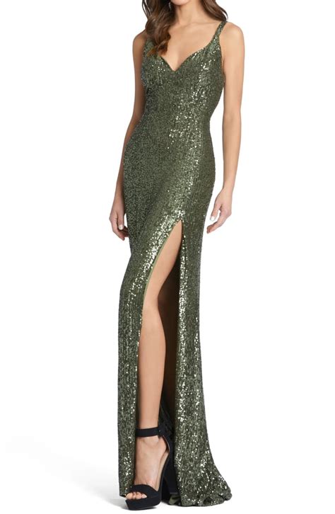 A Sequined Gown Mac Duggal Sequin Side Slit Column Gown Best Mac