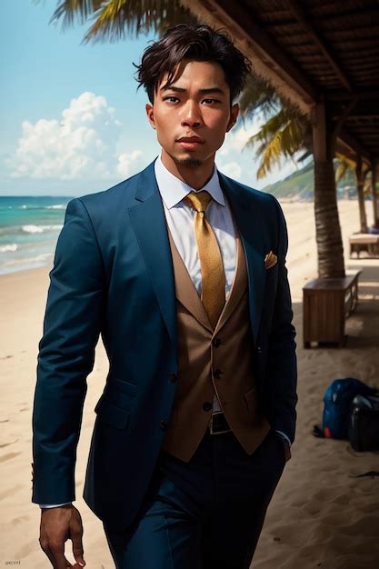 Un Hombre Con Traje Azul Se Para En Una Playa Con Una Palmera Al Fondo