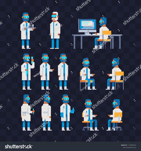 Scientist Different Poses Pixel Art Characters เวกเตอร์สต็อก ปลอดค่า