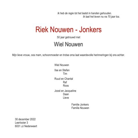 Overlijdensbericht Riek Nouwen Jonkers Nederweert24