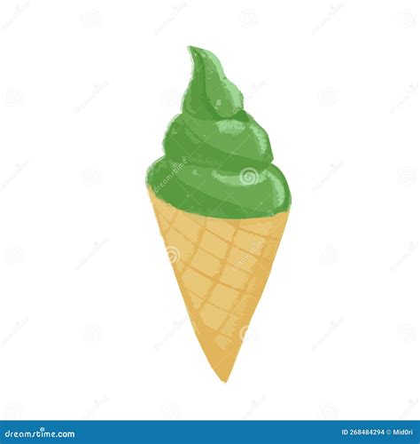 Isolated Hand Drawn Illustration Of Green Matcha Ice Cream In A Cone