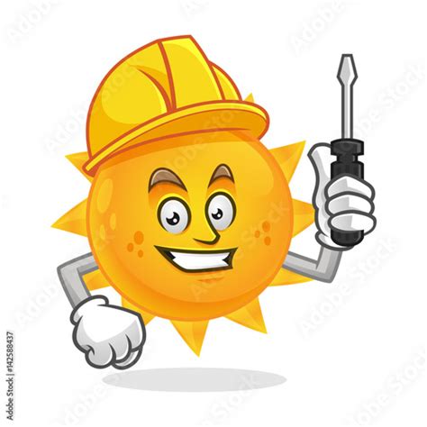 Worker Sun Mascot Wearing Hard Hat And Holding Screwdriver Sun