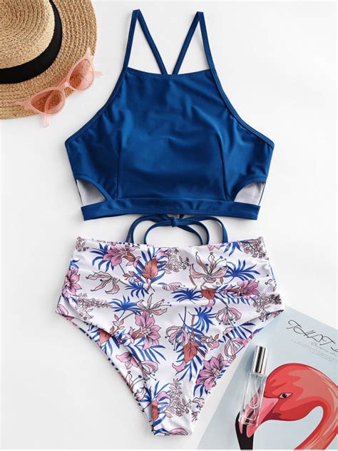 Zaful Cutout Lace Up Ruched Floral Tankini Swimsuit In Lapis Blue