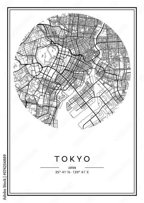 Black And White Printable Tokyo City Map Poster Design Vector Illistration Stock Vector