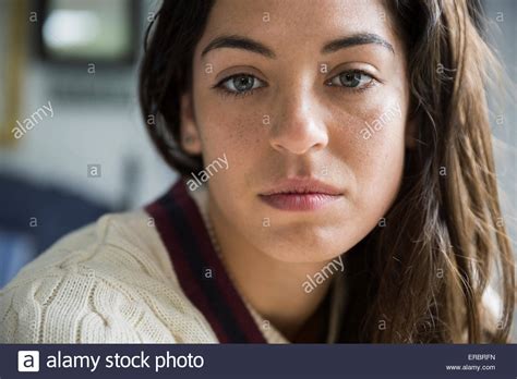 Close Up Portrait Serious Brunette Woman Stock Photo Alamy