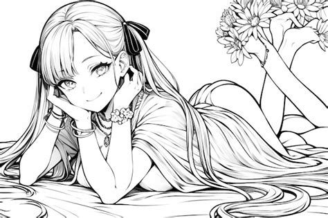 Chica Anime En Blanco Y Negro Acostada En La Cama Con Flores En El Pelo