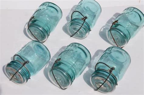 Antique Ball Mason Jar Storage Canisters Vintage Aqua Blue Ball Ideal Mason Jars 1908 Patent