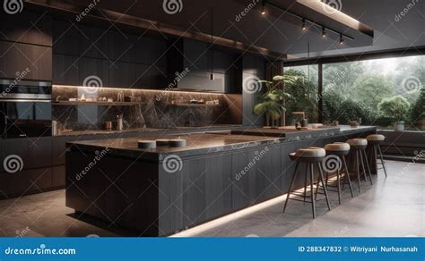 General View Of Luxury Kitchen With Countertop And Kitchen Equipment