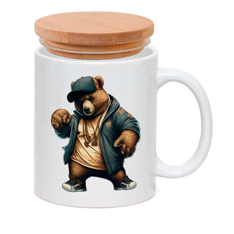 Caneca Porcelana Tampa Bambu Urso Teddy Estiloso Lindo M Vel De