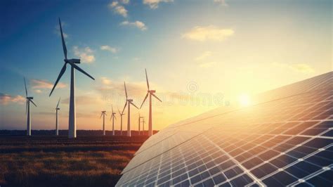 Windmill Wind Turbine And Solar Cell Panel On Blue Sky At Sunset