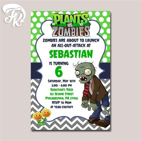 Plant VS Zombie Polka Dot Birthday Party Card Digital Invitation