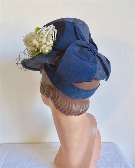 S Navy Blue Sisal Straw Tilt Topper Suitor Hat V Gem