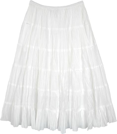 Milky White Crinkled Cotton Midi Skirt With Tiers Short Skirts