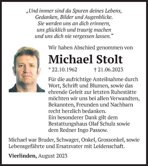 Traueranzeigen Von Michael Stolt M Rkische Onlinezeitung Trauerportal