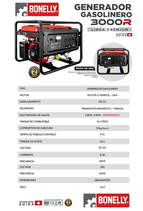 Generador Gasolinero BN 3000R 2 8kw Linea Premium Bonelly RPF Red