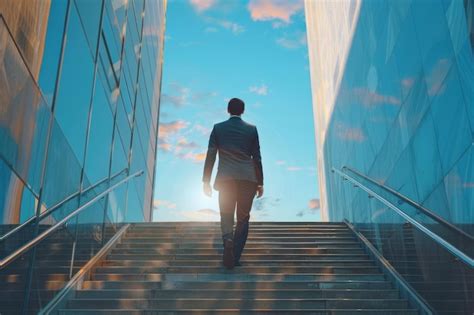 Premium Photo Back View Of A Businessman Climbing The Stairs Of A