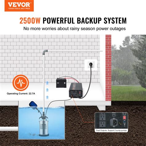 Vevor 2500w Sump Pump Battery Backup System Lcd Display Auto Switches To Battery Inverter